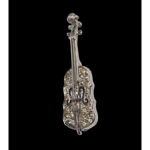 vintage Violin Guitar Cello Brooch Silver  Tone Sparkling Details Music Lover's